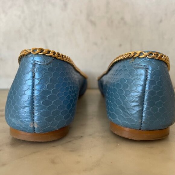 TALBOTS Snakeskin Embossed Blue Leather Braided Accent Chain Flats 6B - Picture 11 of 14